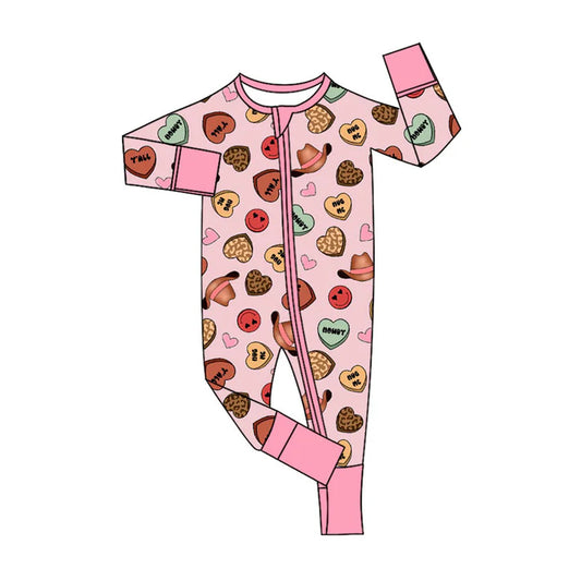 Preorder (moq 5)Baby Girls Hats Leopard Hearts Western Two Way Zip Convertible Rompers 11.8