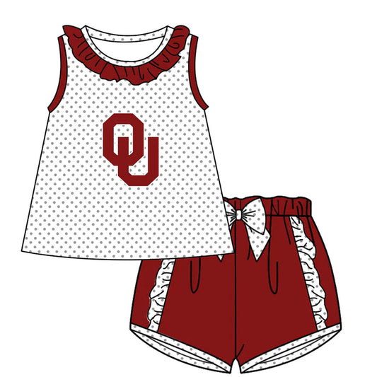 Preorder (moq 5)Baby Girls Polka Dots OU Collar Tunic Ruffle Shorts Team Clothes Sets 12.15