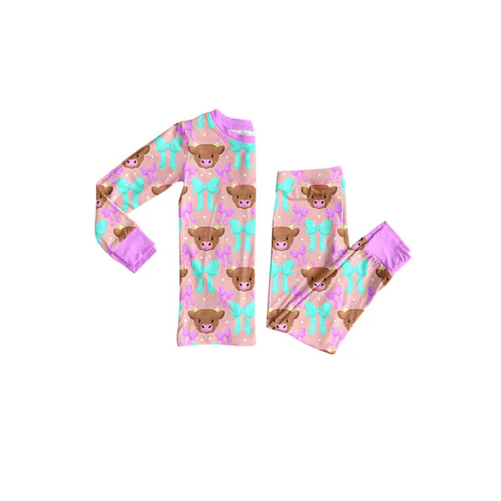 Preorder (moq 5)Baby Girls Bows Cows Top Pants Western Pajamas Sets 11.26