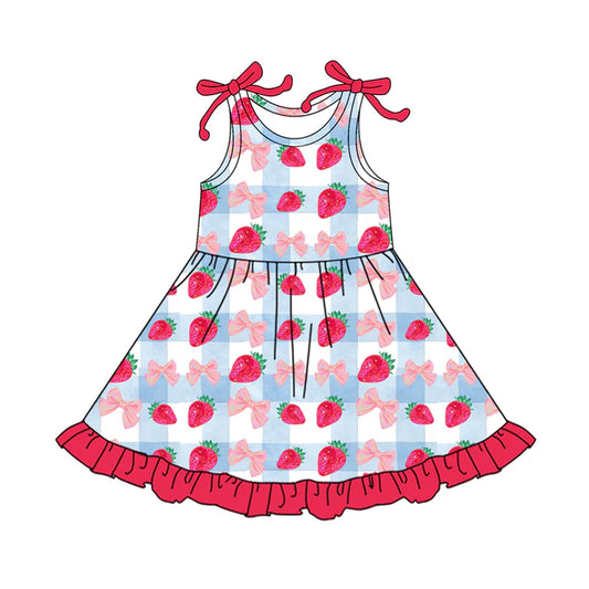 Preorder (moq 5)Baby Girls Sleeveless Bows Strawberry Checked Ruffle Knee Length Dresses 12.17