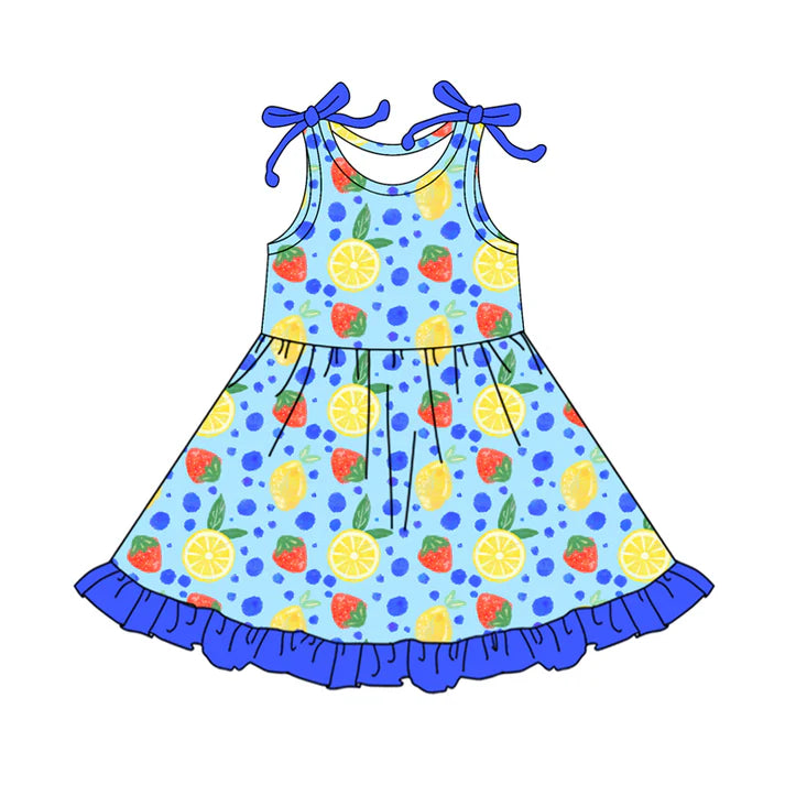Preorder (moq 5)Baby Girls Bows Sleeveless Lemons Strawberry Ruffle Knee Length Dresses 12.17