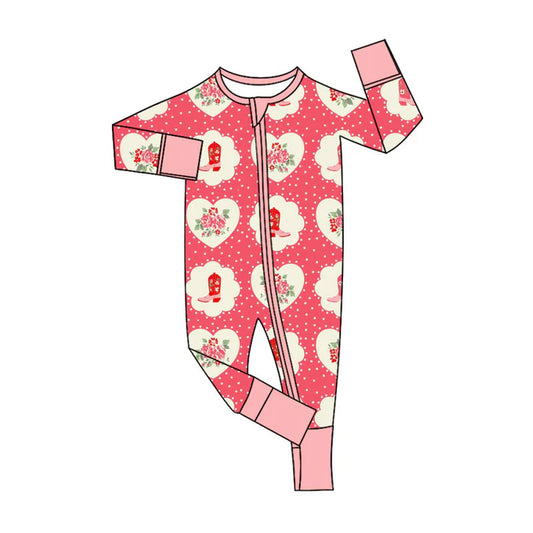 Preorder (moq 5)Baby Girls Flowers Boots Hearts Western Two Way Zip Convertible Rompers 11.8