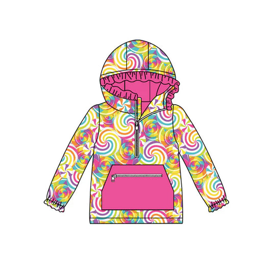 Preorder (moq 5)Baby Girls Pink Colorful Candy Pockets Zipper Ruffle Hoodies Top 9.6