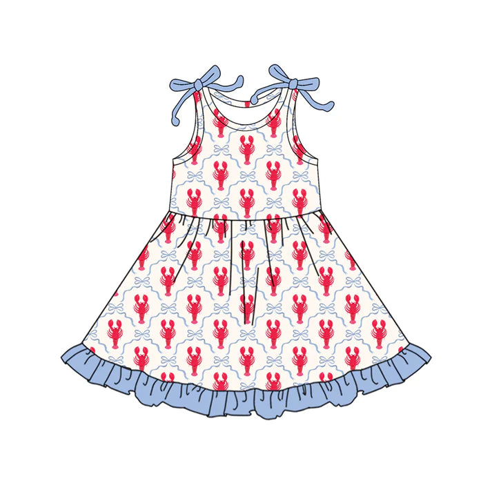 Preorder (moq 5)Baby Girls Sleeveless Bows Crayfishes Checked Ruffle Knee Length Dresses 12.17