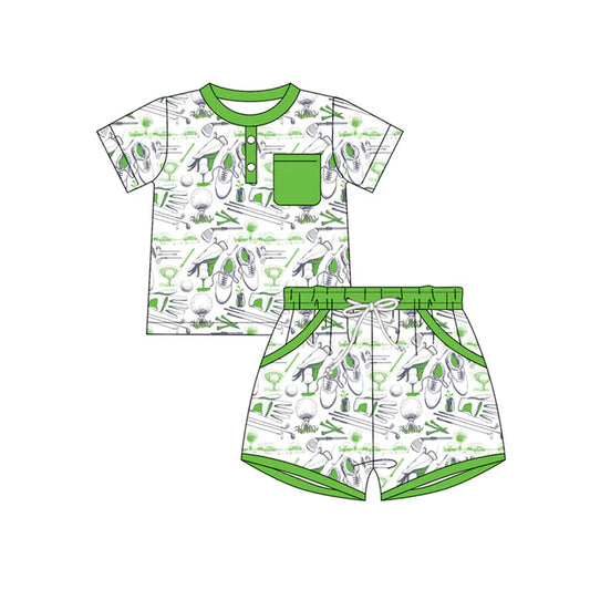 Preorder(moq 5) Baby Boys Green Golf Button Top Pocket Shorts Clothes Sets 10.22