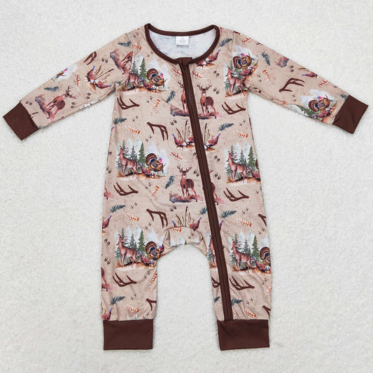 Baby Infant Boys Rompers Fall Deers Hunting Turkey Zip Bamboo Rompers LR1014