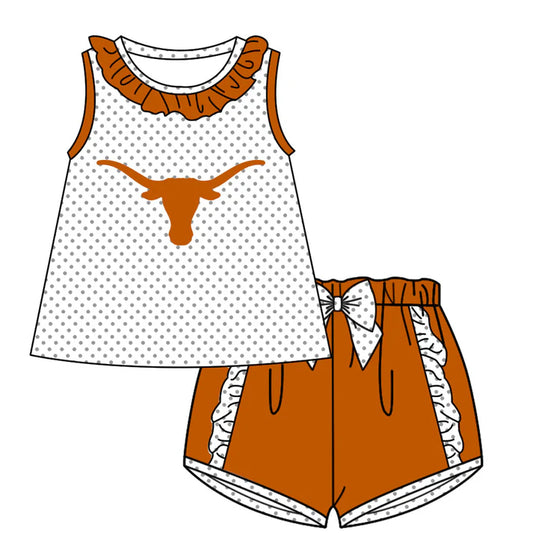 Preorder (moq 5)Baby Girls Polka Dots Bull Skulls Collar Tunic Ruffle Shorts Team Clothes Sets 12.15