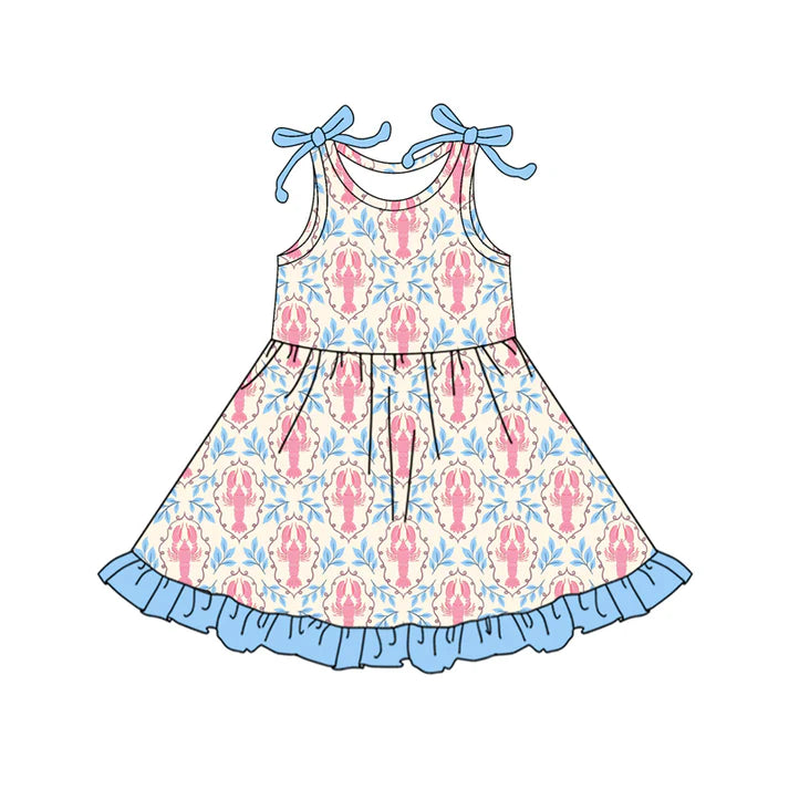 Preorder (moq 5)Baby Girls Sleeveless Flowers Crayfishes Checked Ruffle Knee Length Dresses 12.17