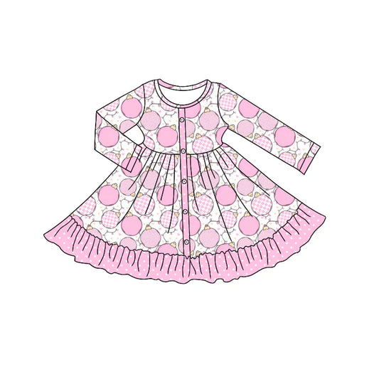 Preorder moq 5 Baby Girls Long Sleeves Pink Bulbs Plaid Button Ruffle Knee Length Dresses 5.7