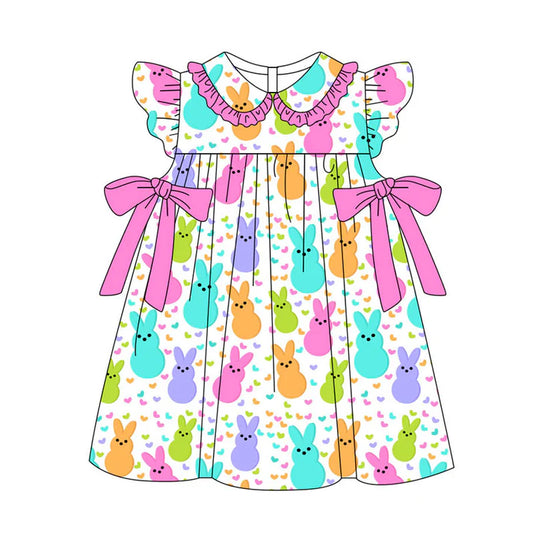 Preorder(moq 5) Baby Girls Flutter Sleeve Colorful Rabbits Hearts Bows Easter Knee Length Dresses 11.11