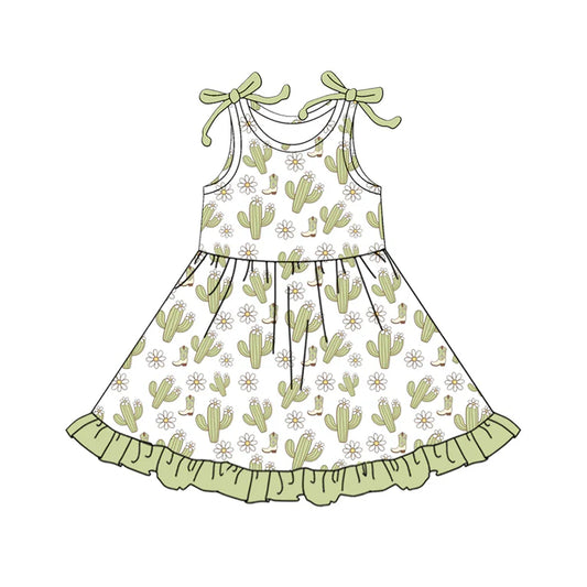 Preorder (moq 5)Baby Girls Bows Sleeveless Cactus Boots Flowers Western Ruffle Knee Length Dresses 12.18