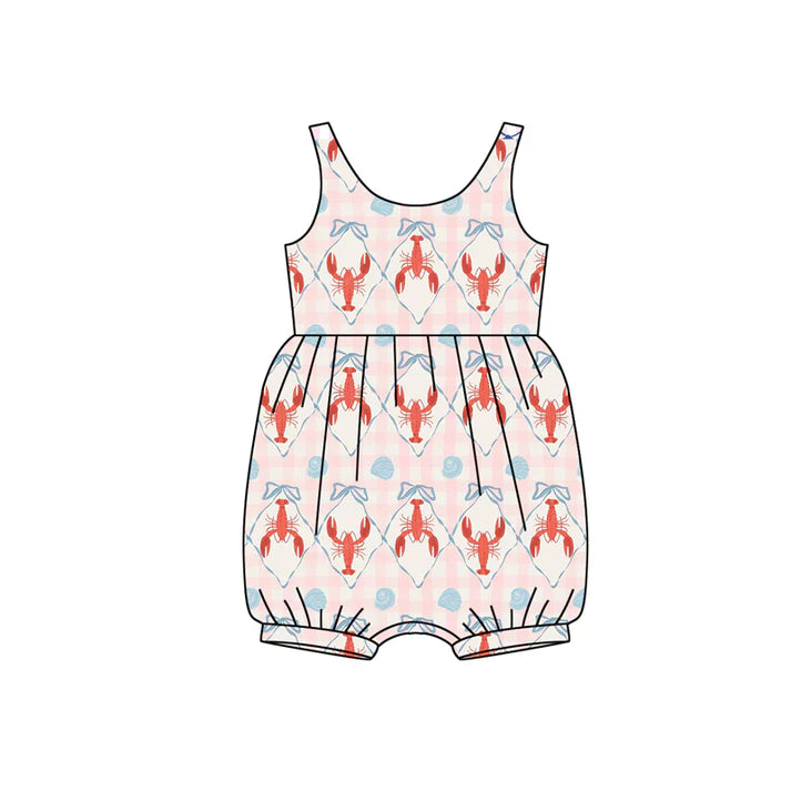 Preorder (moq 5)Baby Girls Sleeveless Pink Checked Bows Crayfishes Ruffle Rompers 12.13