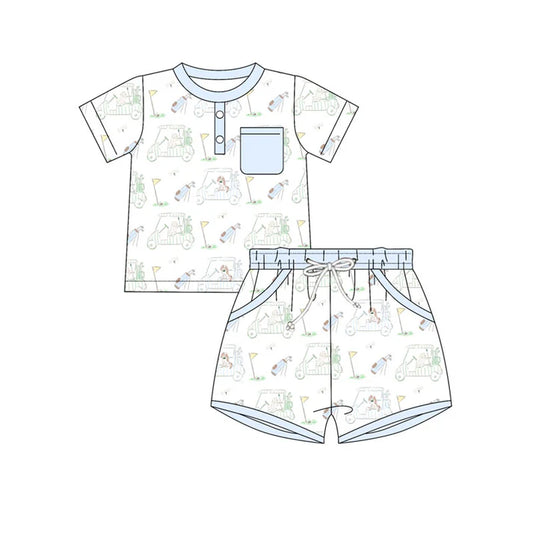 Preorder(moq 5) Baby Boys Light Blue Golf Trucks Button Top Pocket Shorts Clothes Sets 10.22