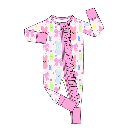 Preorder (moq 8)Baby Girls Colorful Flowers Rabbits Easter Ruffle Zipper Footie Rompers 9.17