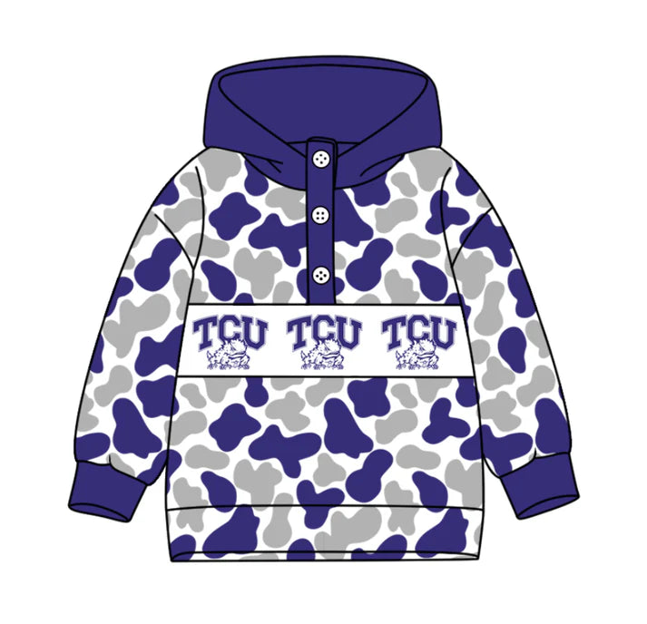 Preorder(moq 5)Baby Boys Purple Grey Camo TCU Team Button Hoodies Top 10.13