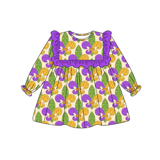 Preorder (moq 8)Baby Girls Purple Yellow Green Mardigras Ruffle Sleeve Knee Length Dresses 9.10