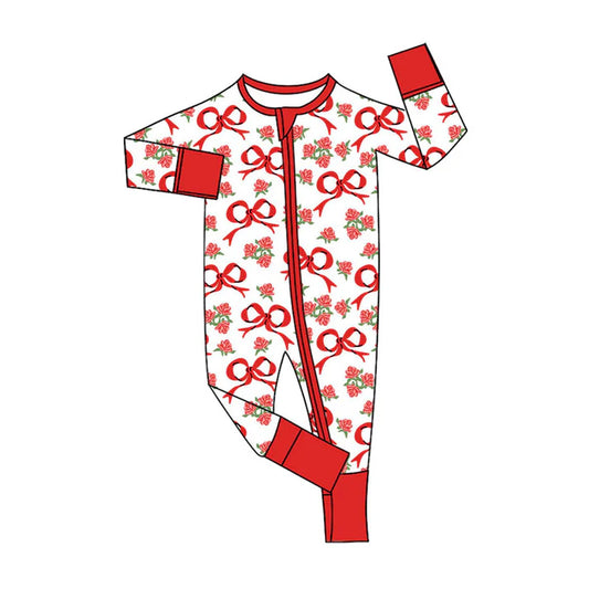 Preorder (moq 5)Baby Girls Red Flowers Bows Valentines Two Way Zip Convertible Rompers 11.8