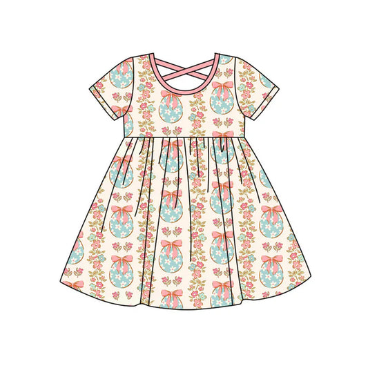 Preorder (moq 8)Baby Girls Eggs Flowers Stripe Short Sleeve Easter Knee Length Dresses 9.12