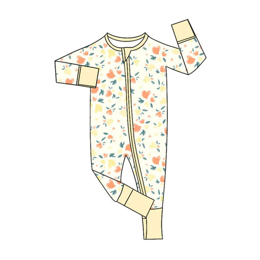 Preorder (moq 5)Baby Girls Pink Yellow Hearts Valentines Two Way Zip Convertible Rompers 11.8