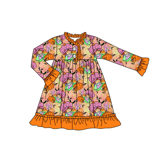 Preorder (moq 5)Baby Girls Strawberry Girl Pumpkins Orange Button Halloween Knee Length Dress 8.1