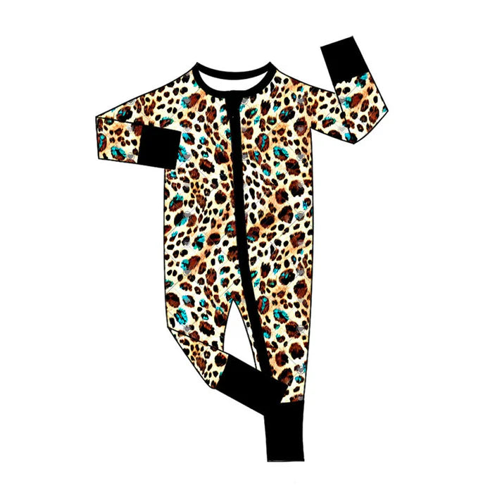 Preorder (moq 5)Baby Girls Leopard Turquoises Western Two Way Zip Convertible Rompers 11.8