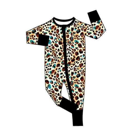 Preorder (moq 5)Baby Girls Leopard Turquoises Western Two Way Zip Convertible Rompers 11.8
