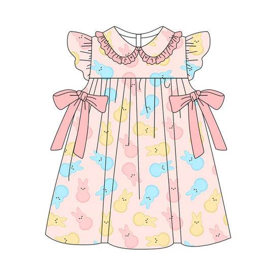 Preorder(moq 5) Baby Girls Flutter Sleeve Colorful Rabbits Bows Easter Knee Length Dresses 11.11