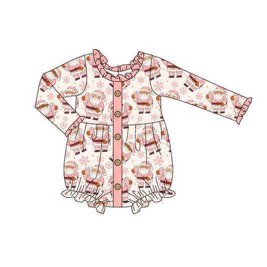 Preorder (moq 5)Baby Girls Long Ruffle Sleeves Pink Santa Snowflake Button Rompers 5.28