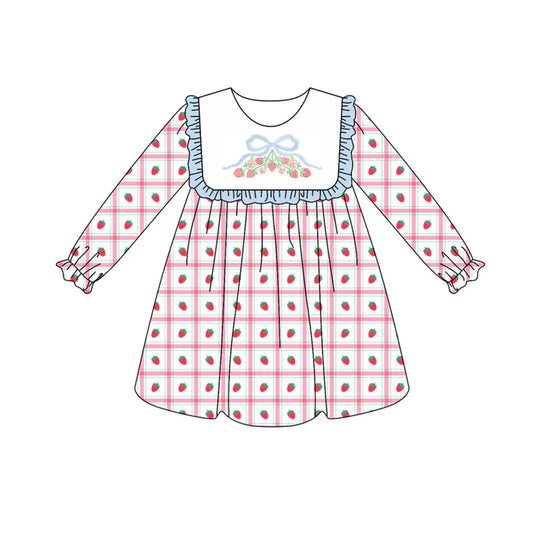 Preorder (moq 5)Baby Girls Long Ruffle Sleeves Strawberry Plaid Knee Length Dresses 6.11