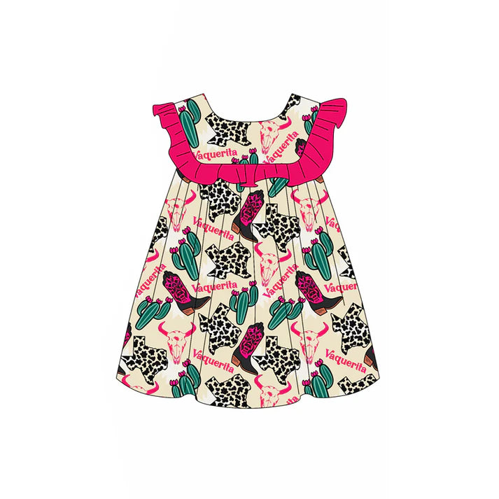 Preorder (moq 5)Baby Girls Pink Sleeveless Boots Cactus Knee Length Dress 5.15
