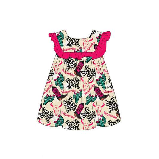 Preorder (moq 5)Baby Girls Pink Sleeveless Boots Cactus Knee Length Dress 5.15