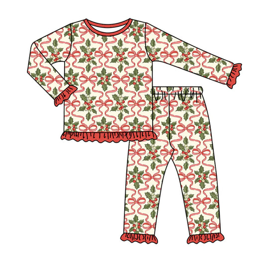 Preorder(moq 5) Baby Girls Long Ruffle Sleeves Red Bows Holly Plaid Top Pants Pajamas Set 7.24
