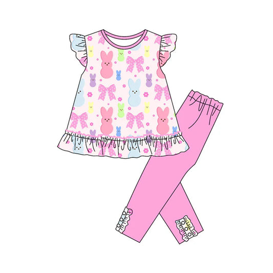Preorder (moq 8)Baby Girls Colorful Flowers Rabbits Tunic Leggings Easter Clothes Sets 9.17