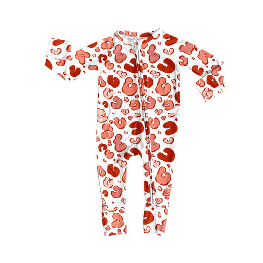 Preorder (moq 8)Baby Girls Pink Hearts Leopard Valentine Zipper Footie Rompers 9.30