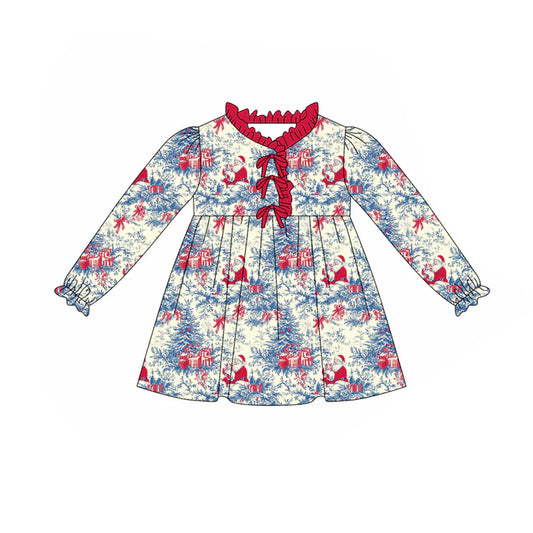 Preorder (moq 5)Baby Girls Long Ruffle Sleeves Santa Floral Knee Length Dresses 7.28