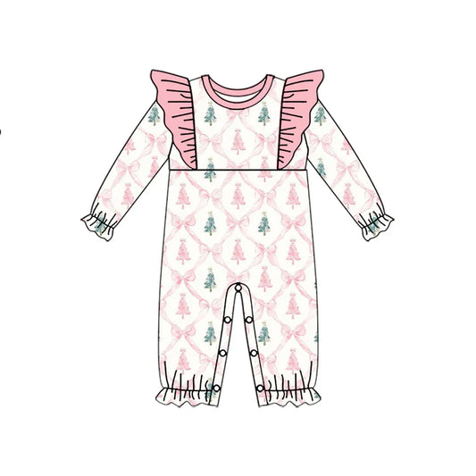 Preorder (moq 5)Baby Girls Long Sleeves Pink Bows Tress Plaid Ruffle Rompers 5.19