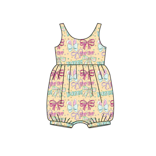Preorder (moq 5)Baby Girls Sleeveless Rabbits Bows HOP Easter Ruffle Rompers 12.13