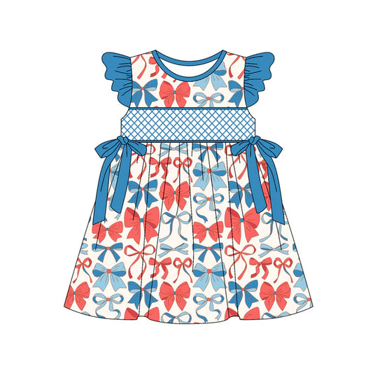 Preorder moq 5 Baby Girls Flutter Sleeves Blue Red Bows 4th Of July Knee Length Dresses 4.22
