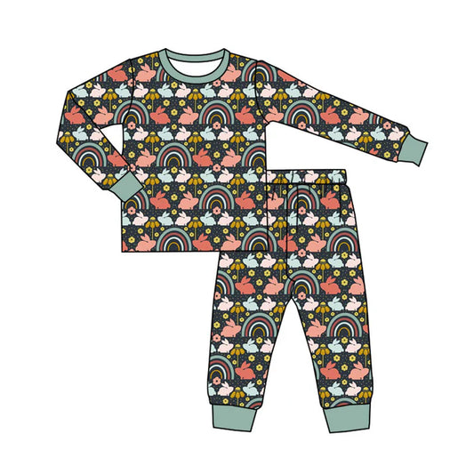 Preorder(moq 5) Baby Girls Rabbits Flowers Top Pants Easter Pajamas Sets 10.9