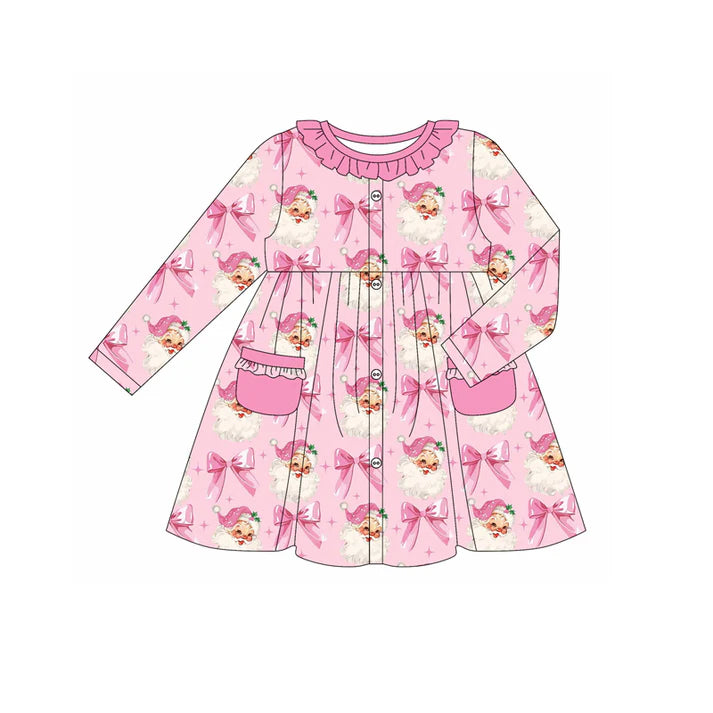Preorder (moq 5)Baby Girls Pink Long Sleeves Bows Santa Pockets Button Ruffle Knee Length Dresses 6.2