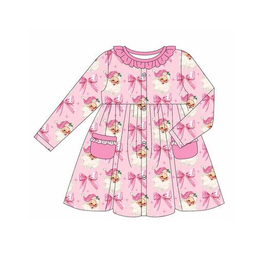 Preorder (moq 5)Baby Girls Pink Long Sleeves Bows Santa Pockets Button Ruffle Knee Length Dresses 6.2