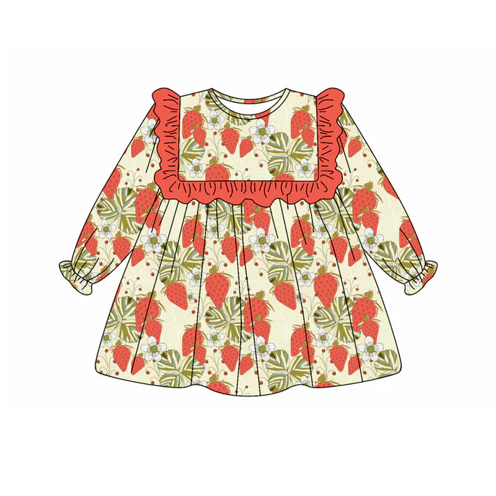 Preorder (moq 5)Baby Girls Long Ruffle Sleeves Leaves Strawberry Knee Length Dresses 5.20