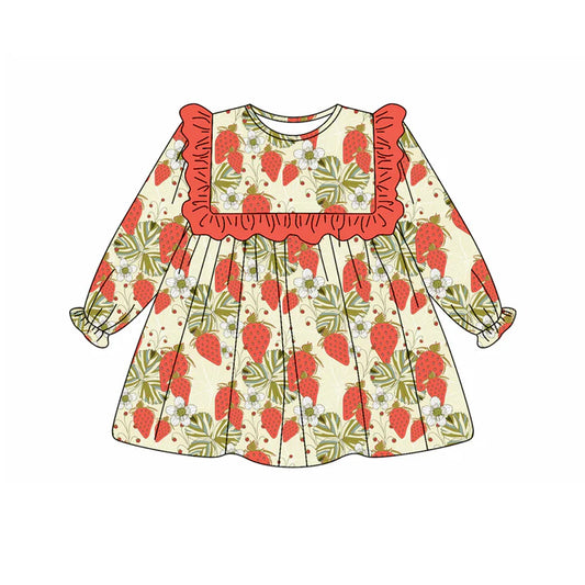 Preorder (moq 5)Baby Girls Long Ruffle Sleeves Leaves Strawberry Knee Length Dresses 5.20