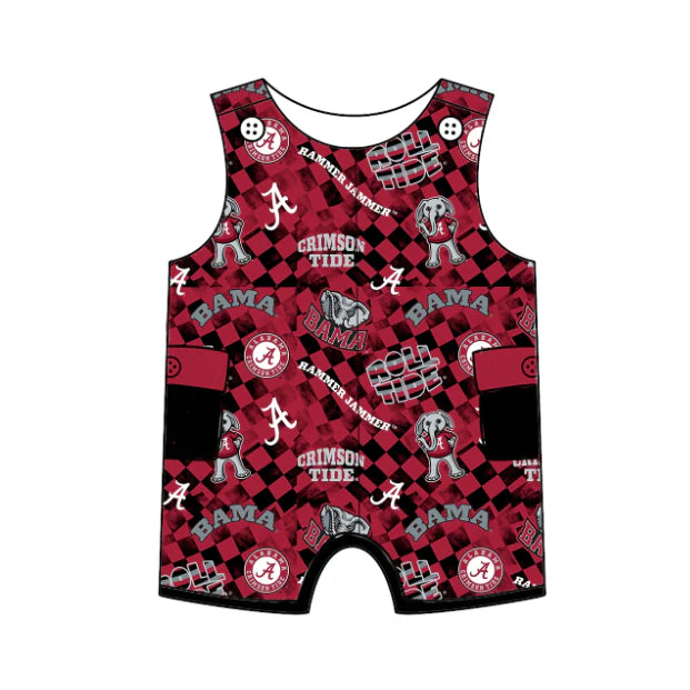 Preorder (moq 5)Baby Girls Dark Red Plaid Sleeveless Bama A Team Shorts Rompers 6.17