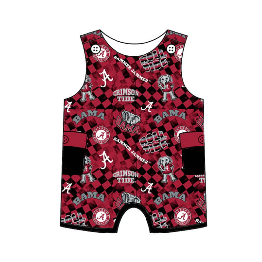 Preorder (moq 5)Baby Girls Dark Red Plaid Sleeveless Bama A Team Shorts Rompers 6.17