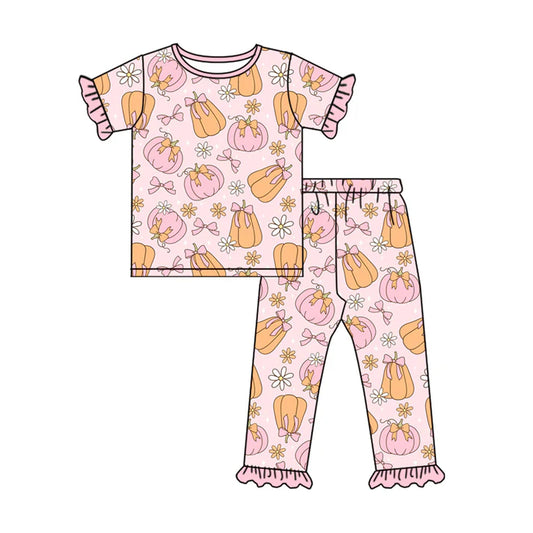 Preorder moq 5 Baby Girls Short Ruffle Sleeves Pink Bows Pumpkins Top Pants Pajamas Set 5.8