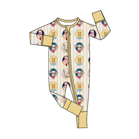 Preorder (moq 5)Baby Boys Yellow Stripe Pigs Chicks Farm Two Way Zip Convertible Rompers 11.8