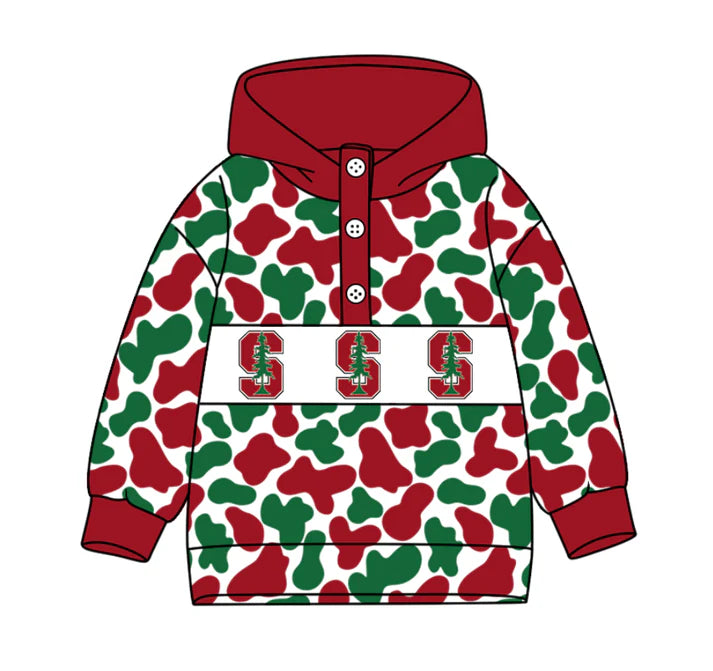 Preorder(moq 8)Baby Boys Red Green Camo S Trees Team Button Hoodies Top 10.11