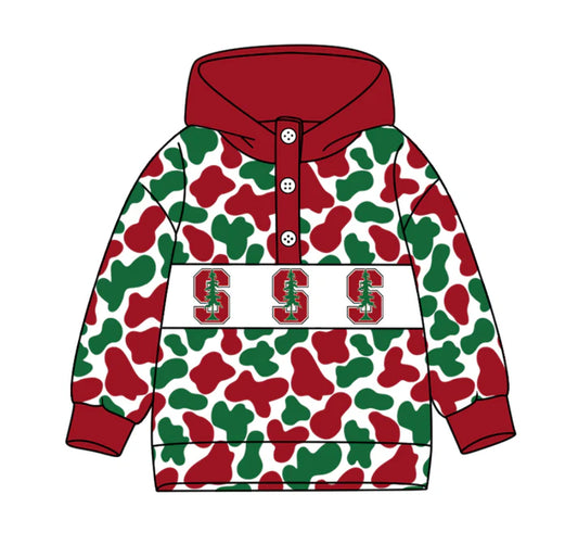 Preorder(moq 8)Baby Boys Red Green Camo S Trees Team Button Hoodies Top 10.11