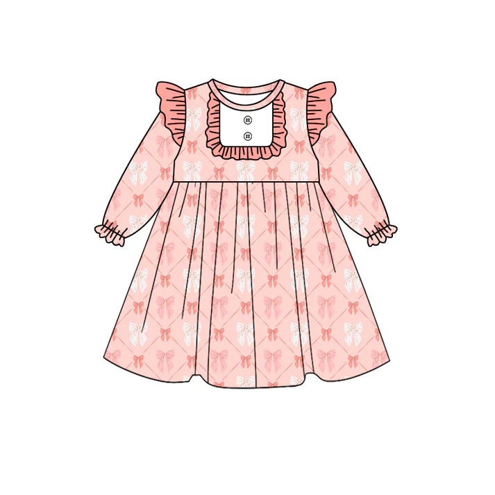 Preorder (moq 5)Baby Girls Coral Bows Ruffle Knee Length Dresses 8.14